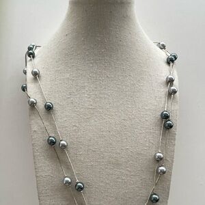 Silver tone metal Crystal bead Black pearl faux Necklace Quality 30”